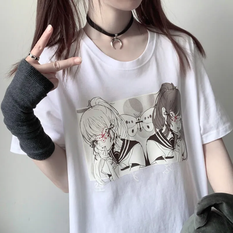 Anime School Girls T-Shirt Moth Aesthetic
