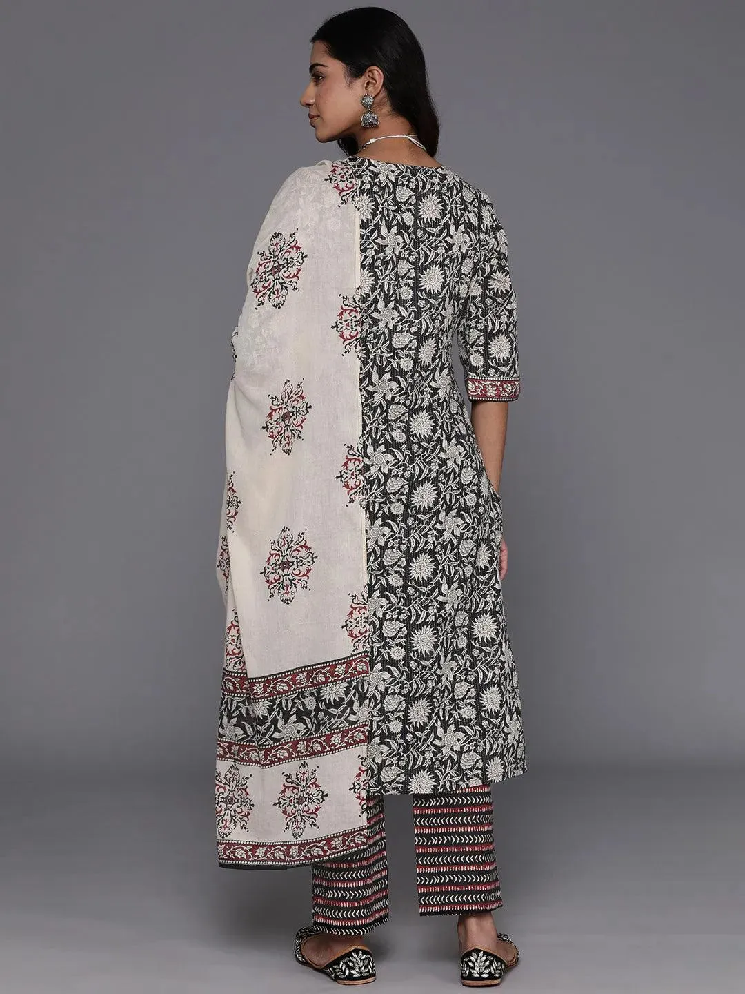 Black Printed Cotton Straight Suit With Dupatta
