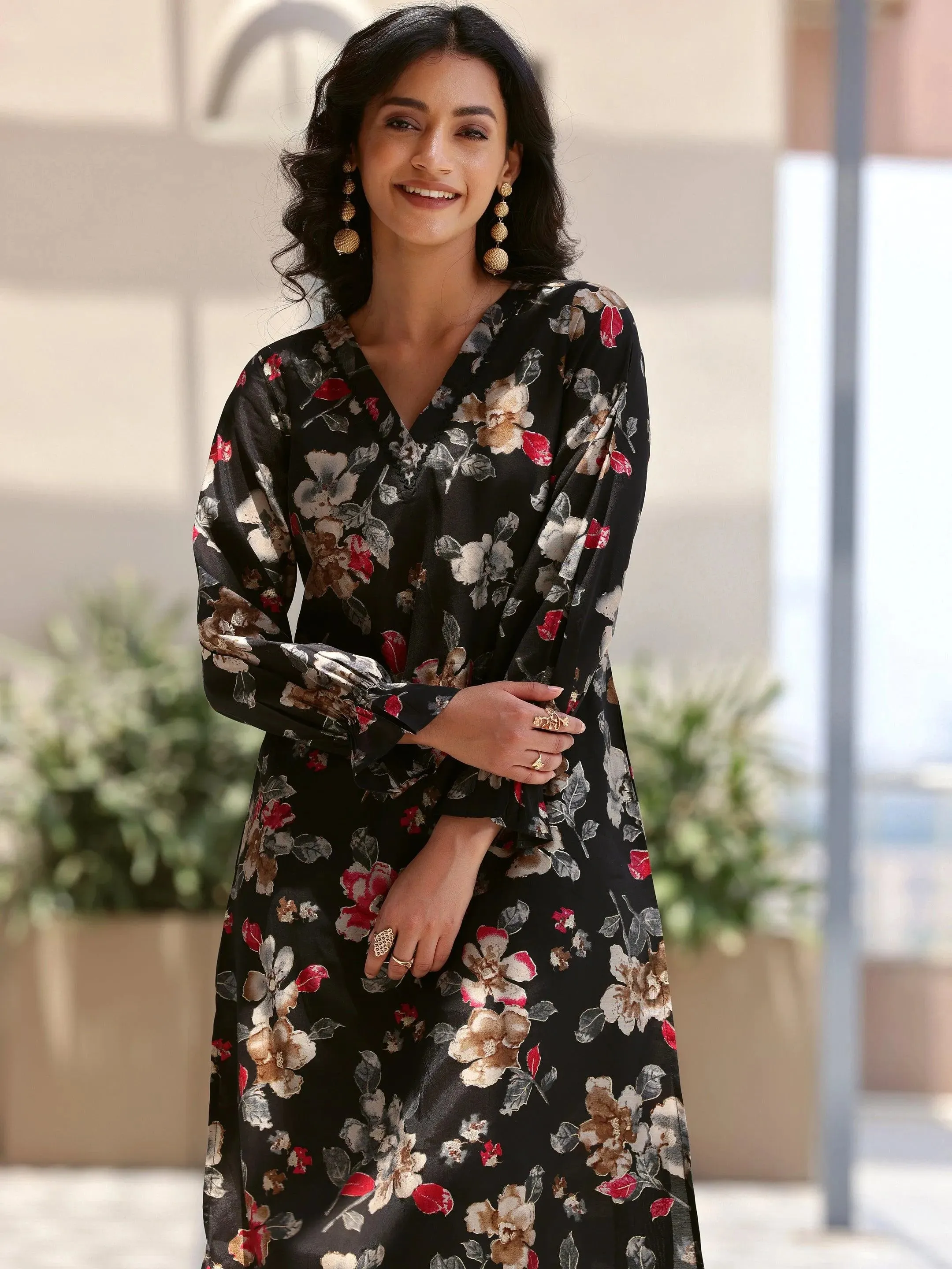 Black Printed Silk Blend Co-Ords