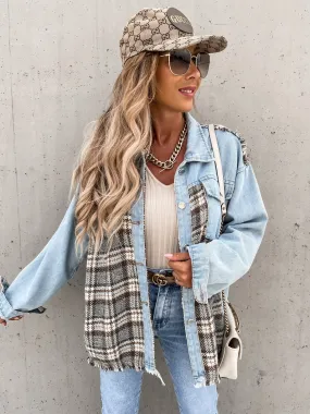 Denim Plaid Patchwork Button Jacket