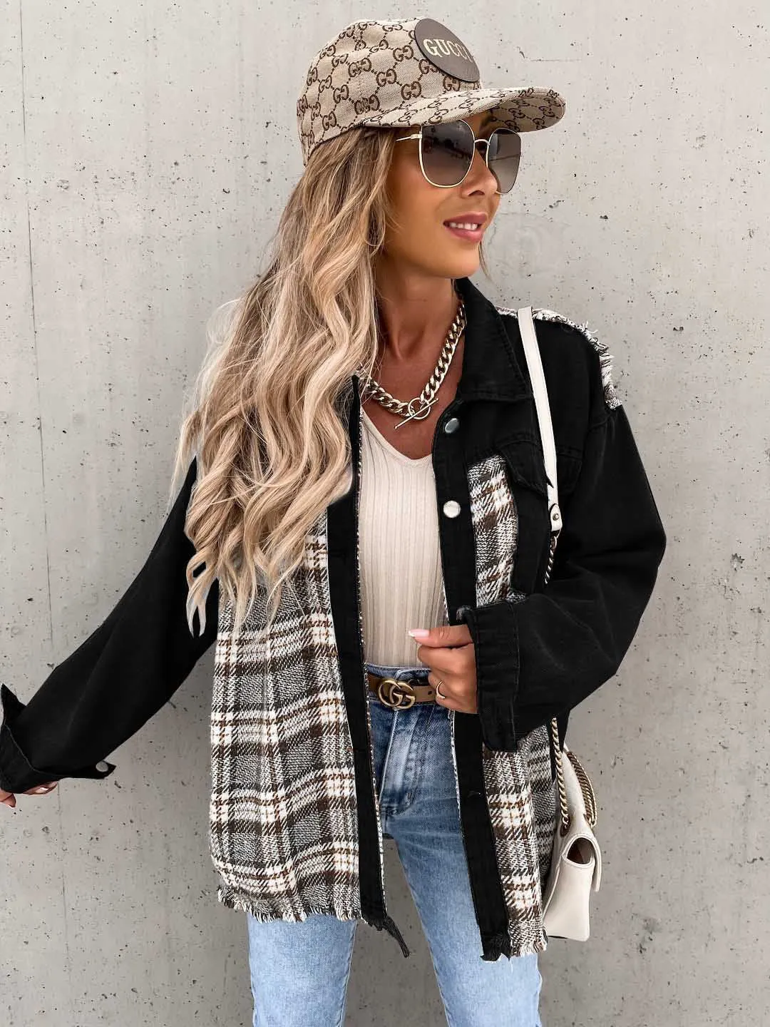 Denim Plaid Patchwork Button Jacket