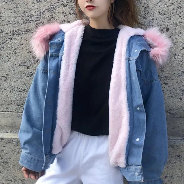Fluffy Candy Fur Hoodie Denim Jacket