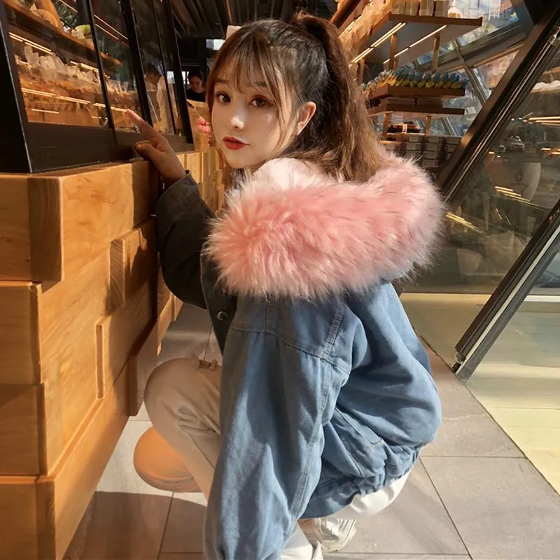 Fluffy Candy Fur Hoodie Denim Jacket