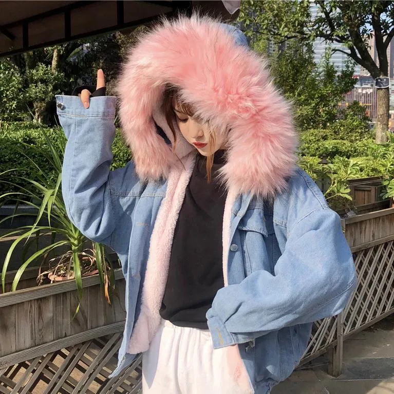 Fluffy Candy Fur Hoodie Denim Jacket