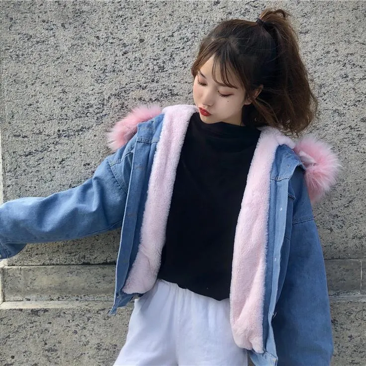 Fluffy Candy Fur Hoodie Denim Jacket