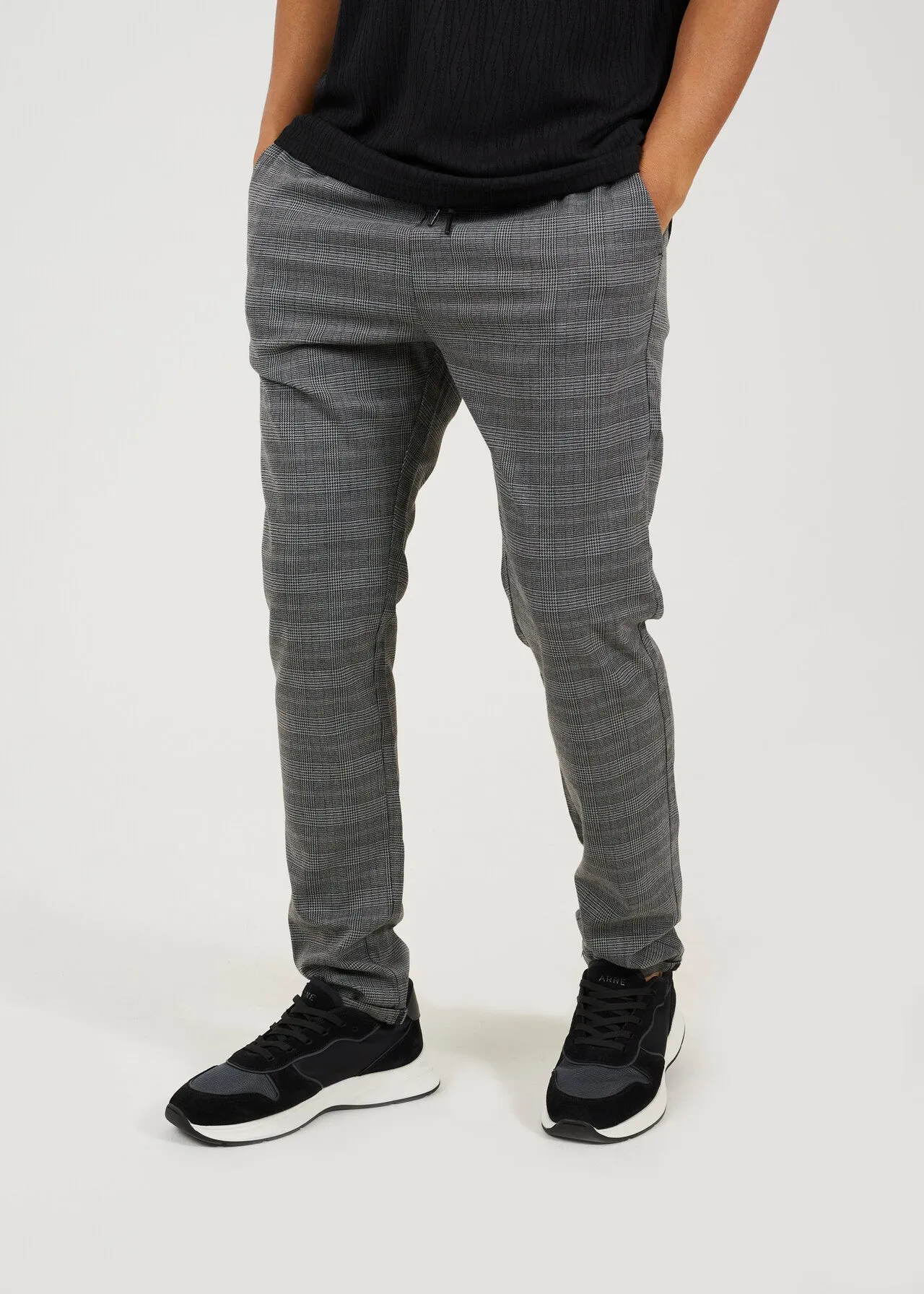 GREY CHECKERED SLIM FITTING DRAWCORD TROUSERS