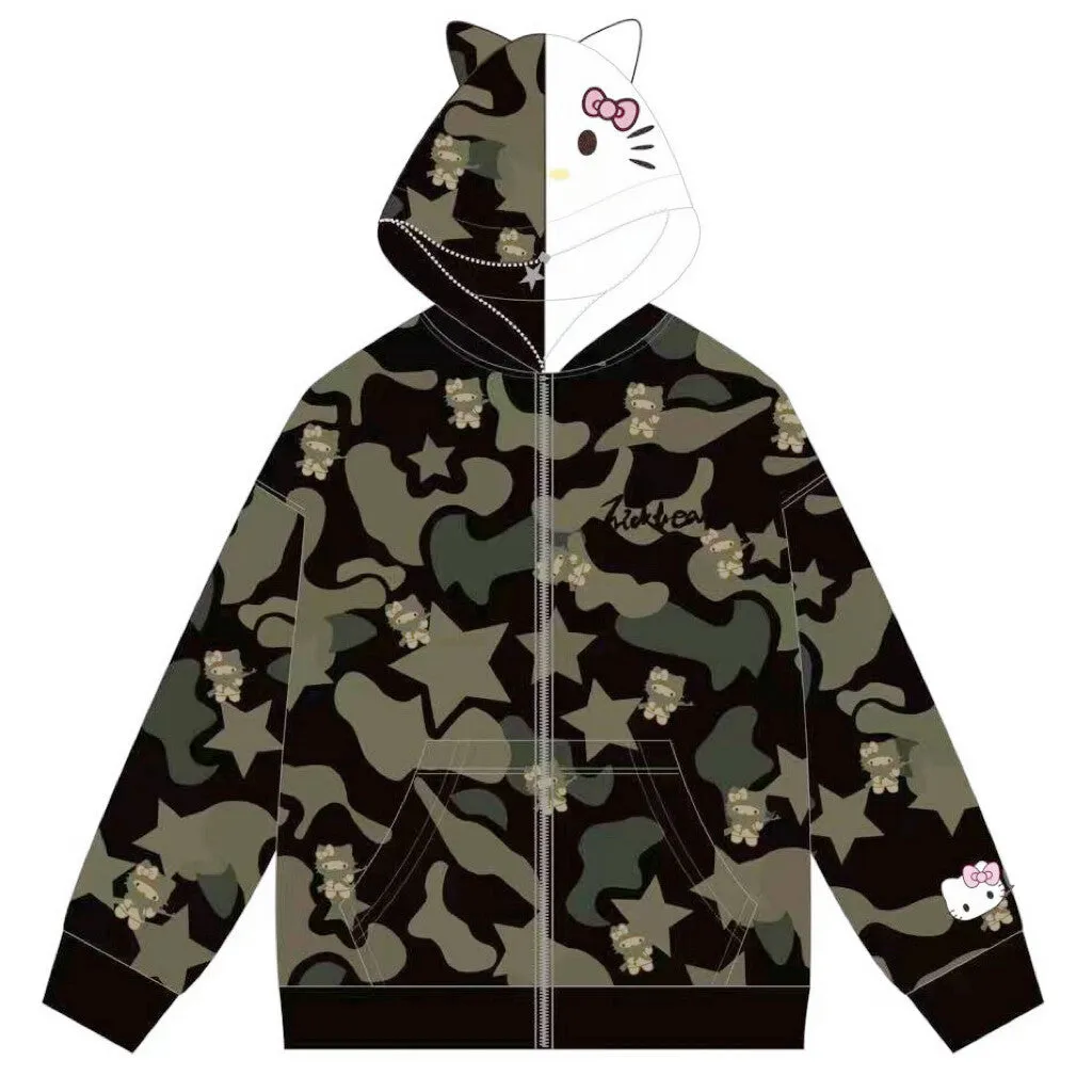 Kawaii American Style Kitty printed Hooded Coat