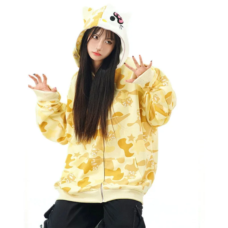 Kawaii American Style Kitty printed Hooded Coat