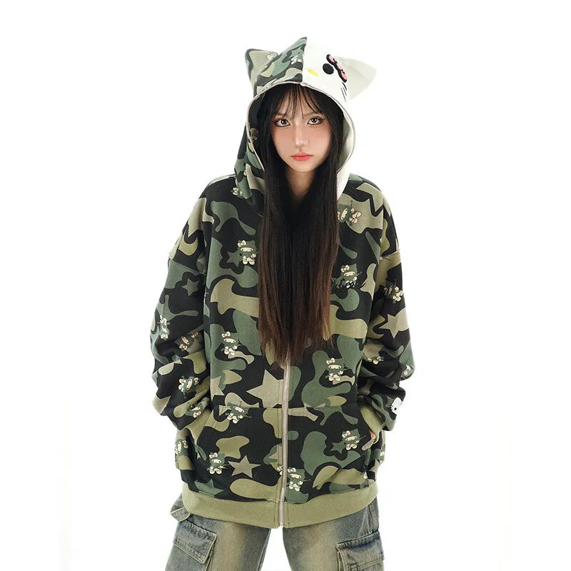 Kawaii American Style Kitty printed Hooded Coat