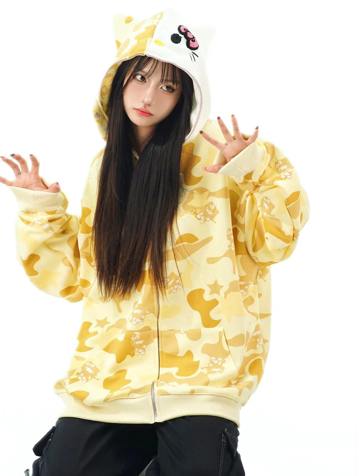 Kawaii American Style Kitty printed Hooded Coat
