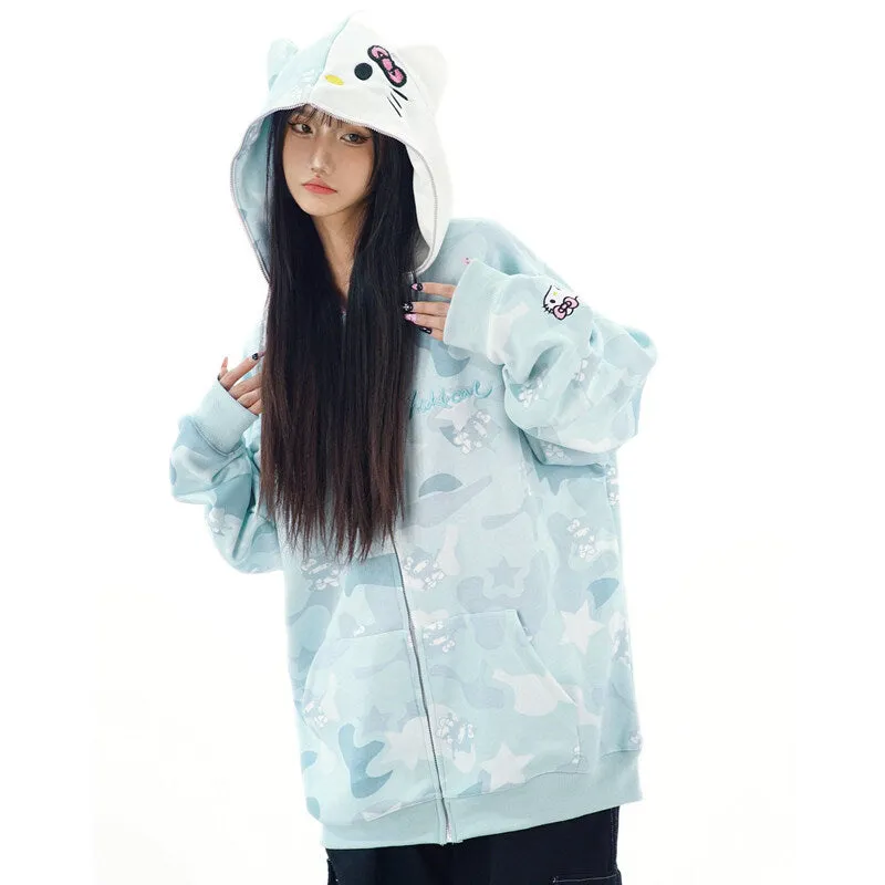Kawaii American Style Kitty printed Hooded Coat