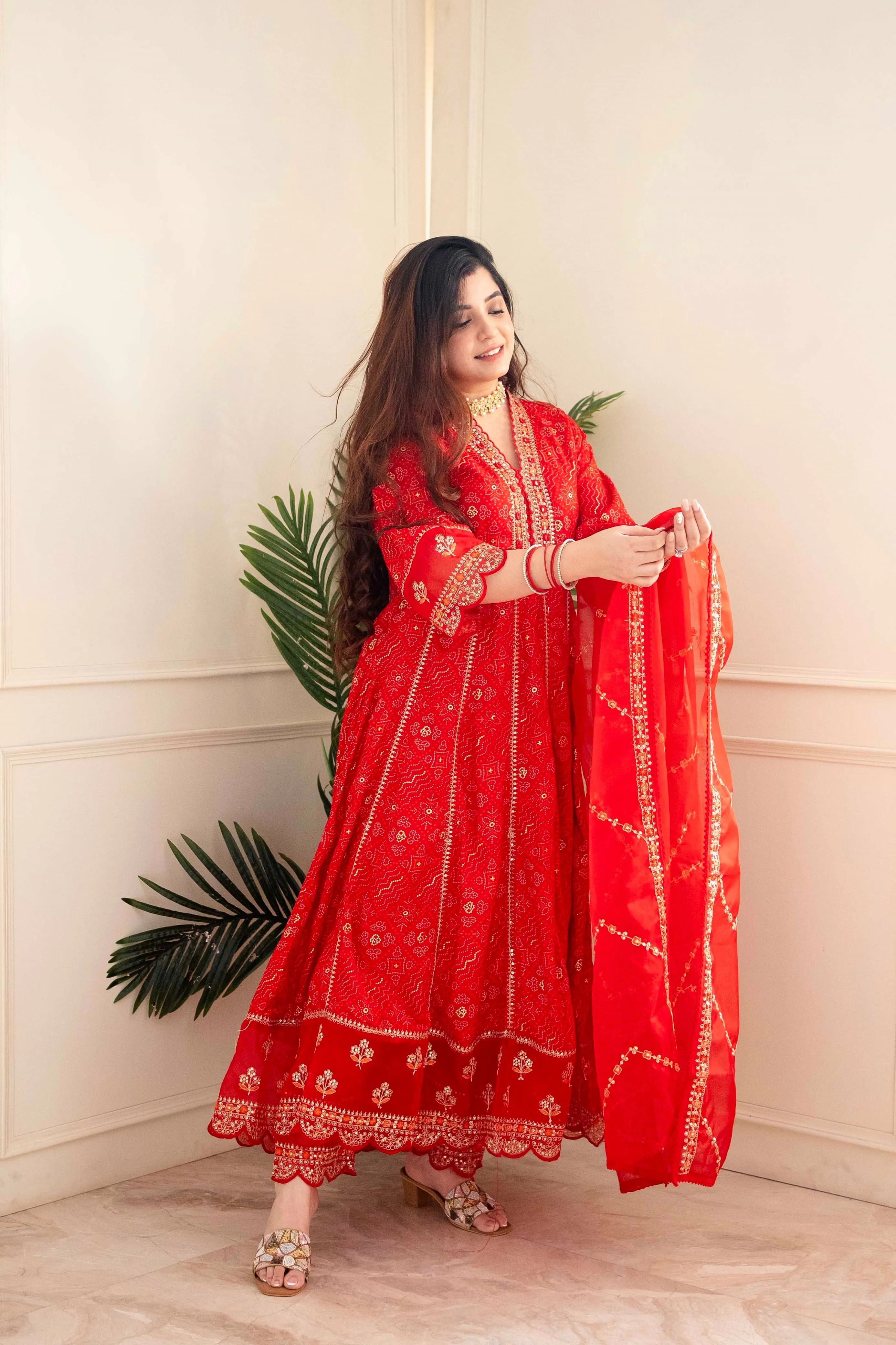 Meera Designer Red Voluminous Anarkali Readymade Suit