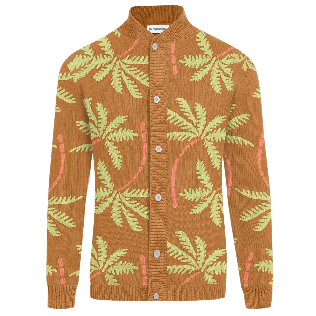 Men's khaki coconut tree jacquard sweater coat