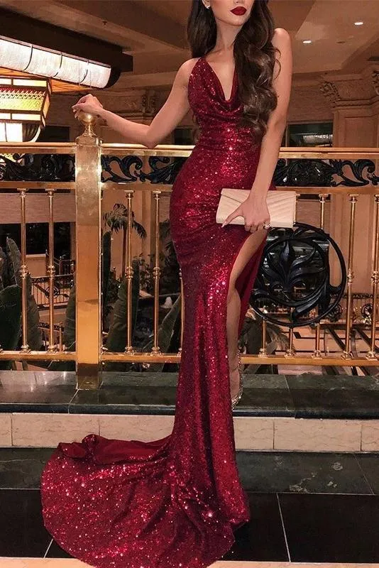 Mermaid Burgundy Side Slit V Neck Spaghetti Straps Prom Dresses Formal Dresses Evening Dress