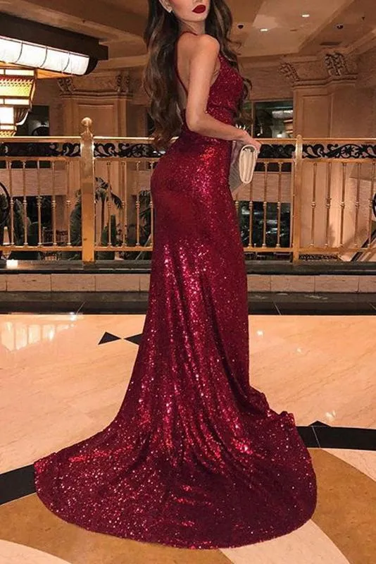 Mermaid Burgundy Side Slit V Neck Spaghetti Straps Prom Dresses Formal Dresses Evening Dress