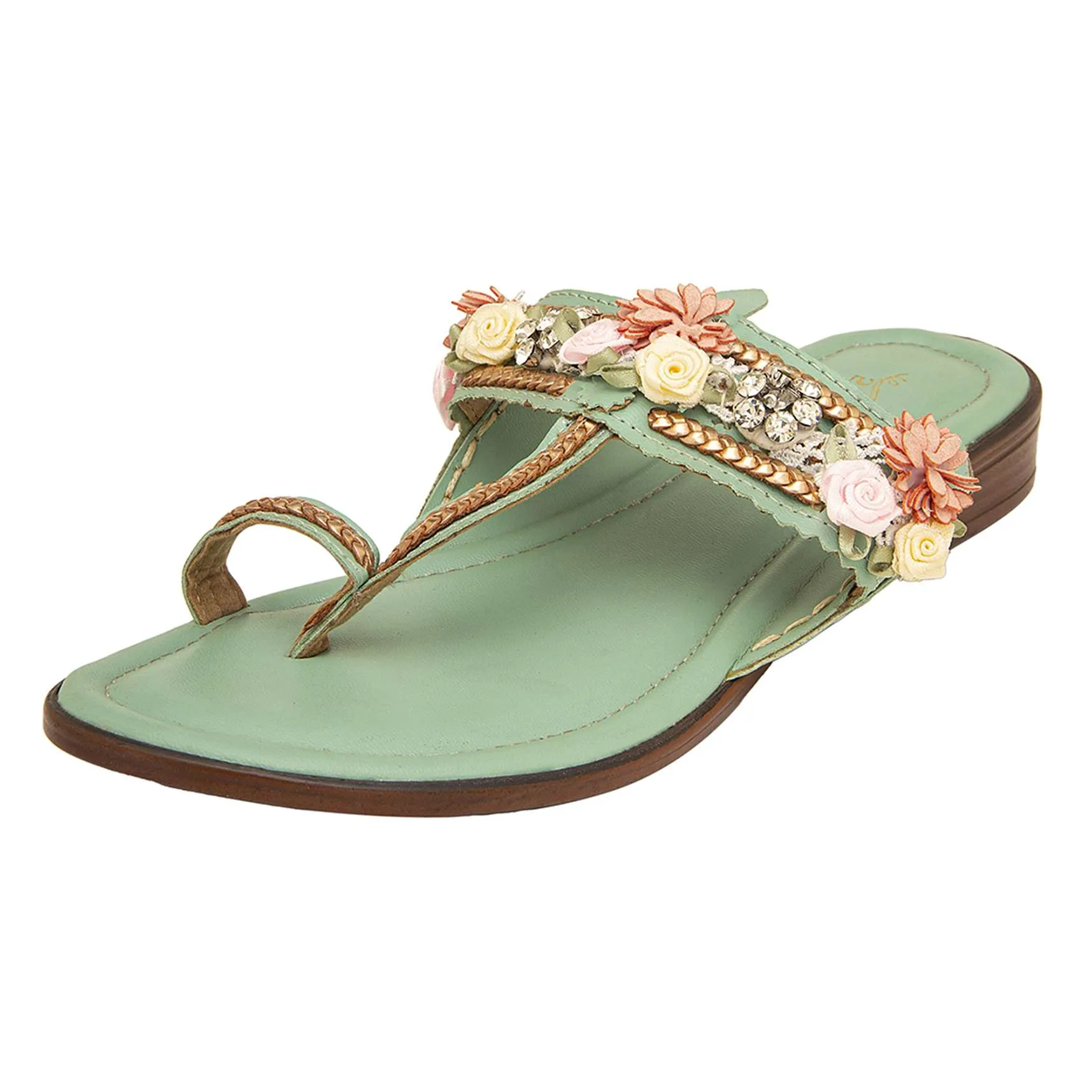 Mint Kolhapuri Cushioned Flat Footwear With Floral Embellishment