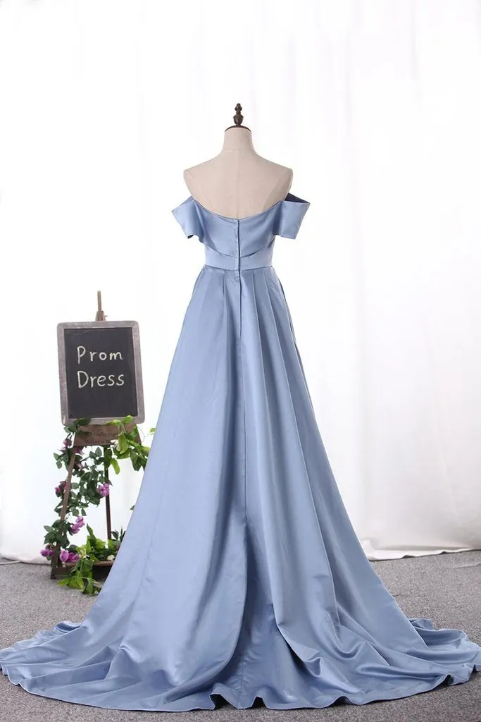 Modest Off The Shoulder Blue Satin Long Prom Dresses Split Evening Dresses With Slit
