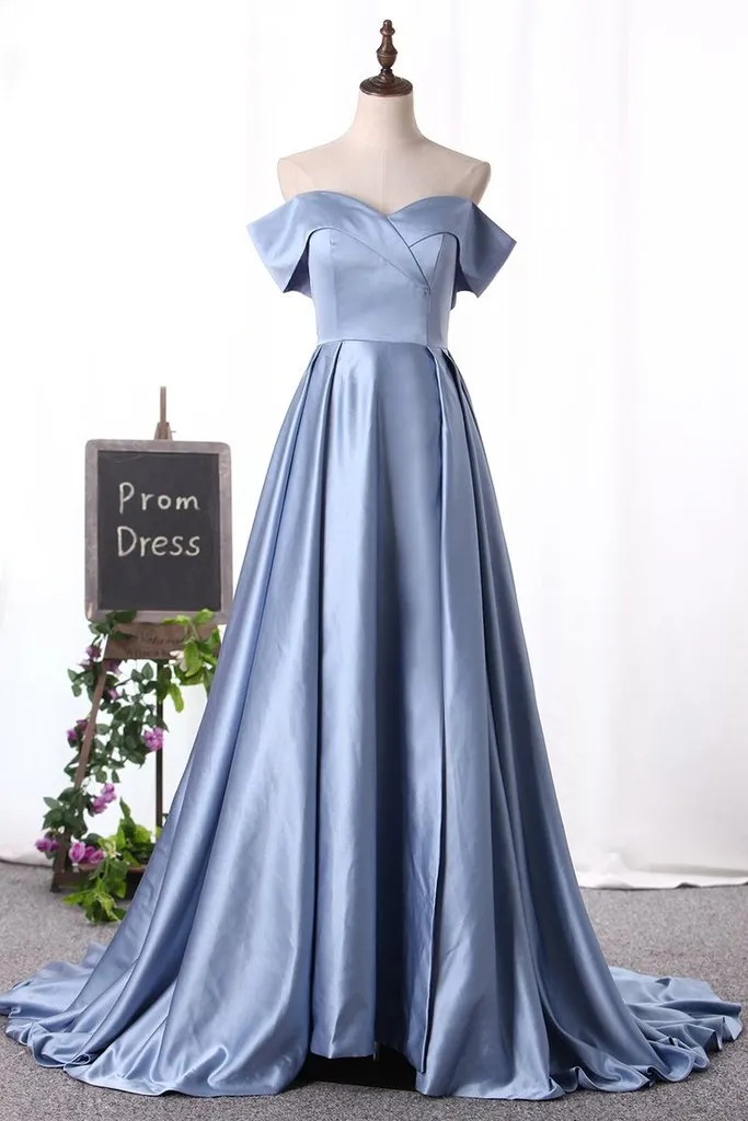 Modest Off The Shoulder Blue Satin Long Prom Dresses Split Evening Dresses With Slit