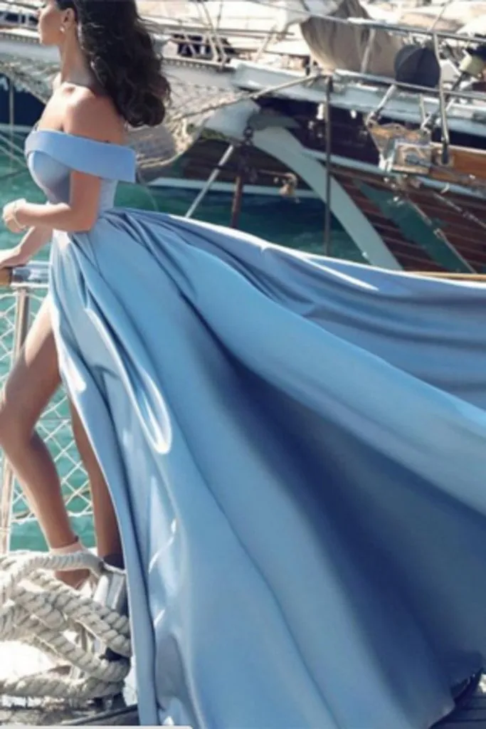 Modest Off The Shoulder Blue Satin Long Prom Dresses Split Evening Dresses With Slit