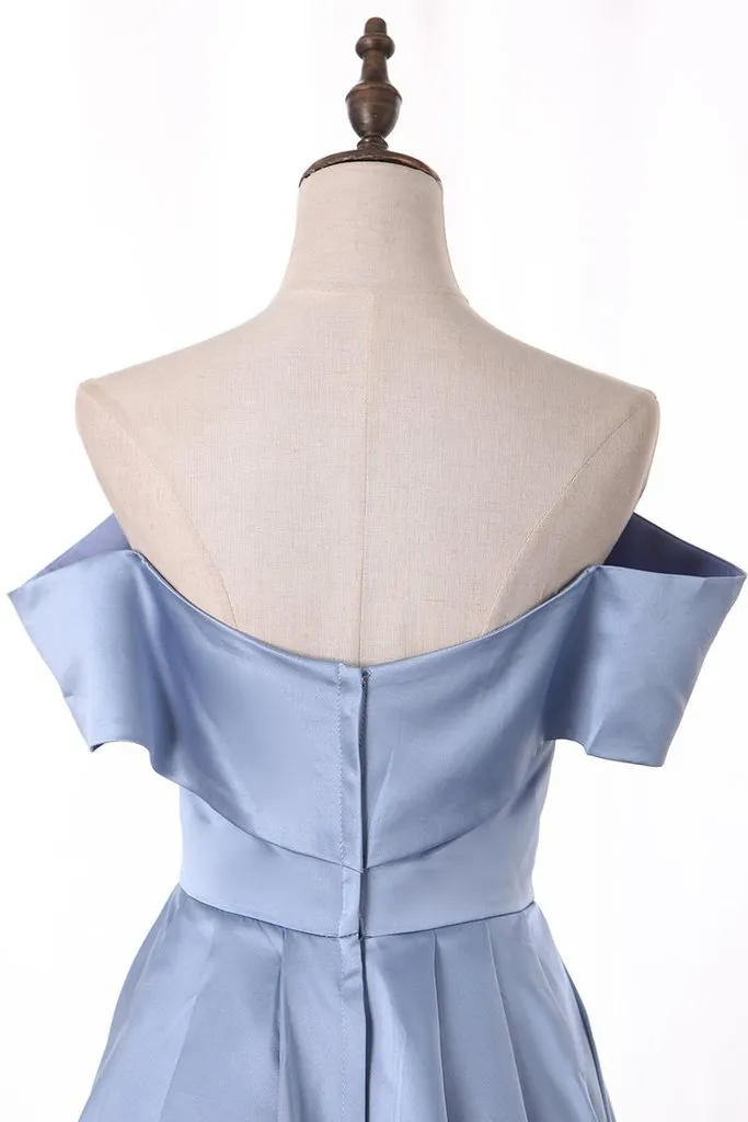 Modest Off The Shoulder Blue Satin Long Prom Dresses Split Evening Dresses With Slit