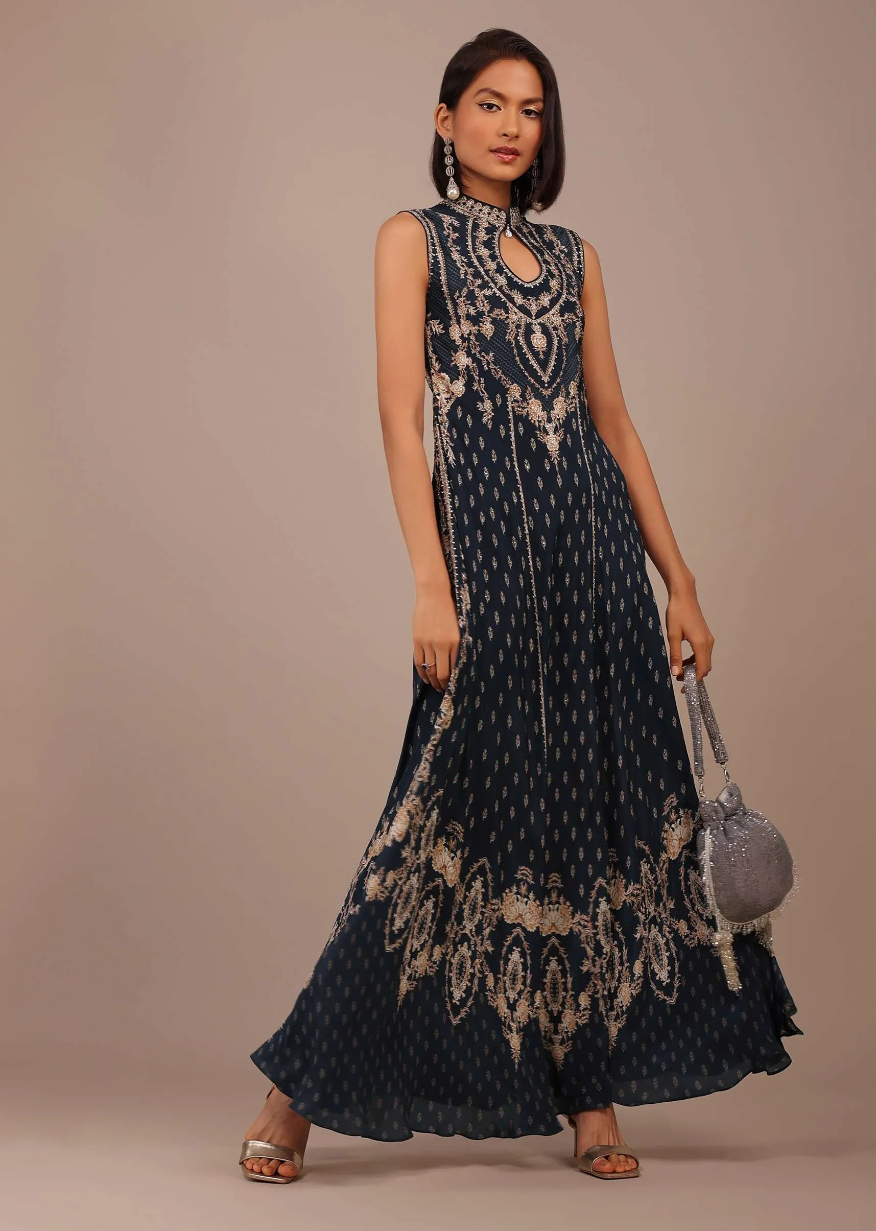 Navy Blue Printed Anarkali Kurti With Stonework In Crepe