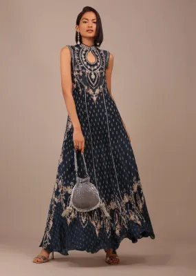 Navy Blue Printed Anarkali Kurti With Stonework In Crepe