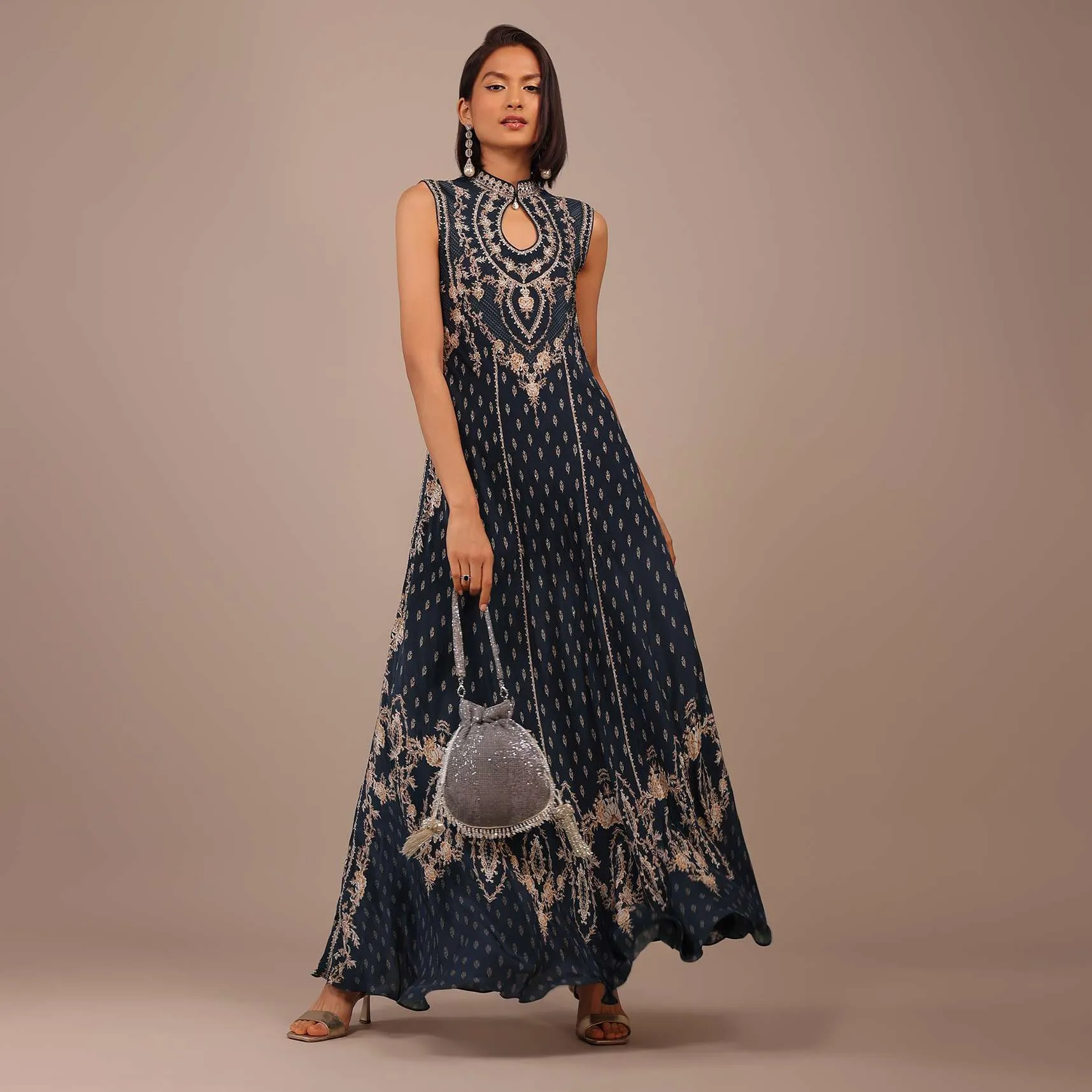 Navy Blue Printed Anarkali Kurti With Stonework In Crepe
