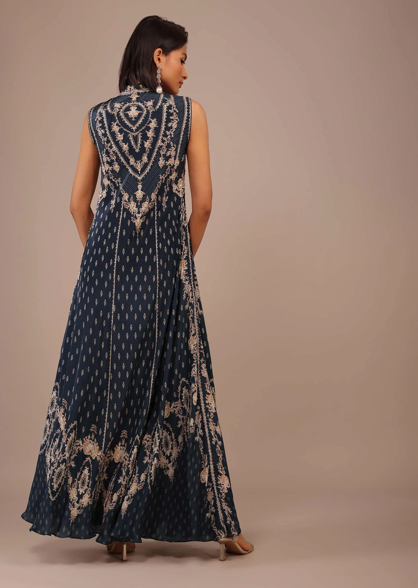 Navy Blue Printed Anarkali Kurti With Stonework In Crepe