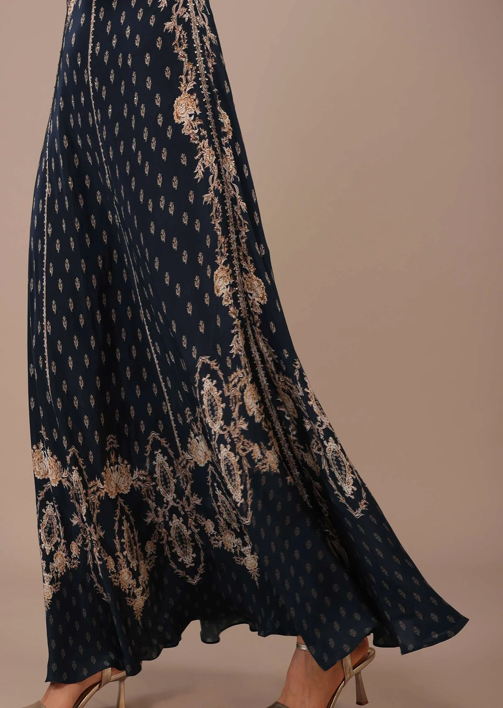 Navy Blue Printed Anarkali Kurti With Stonework In Crepe