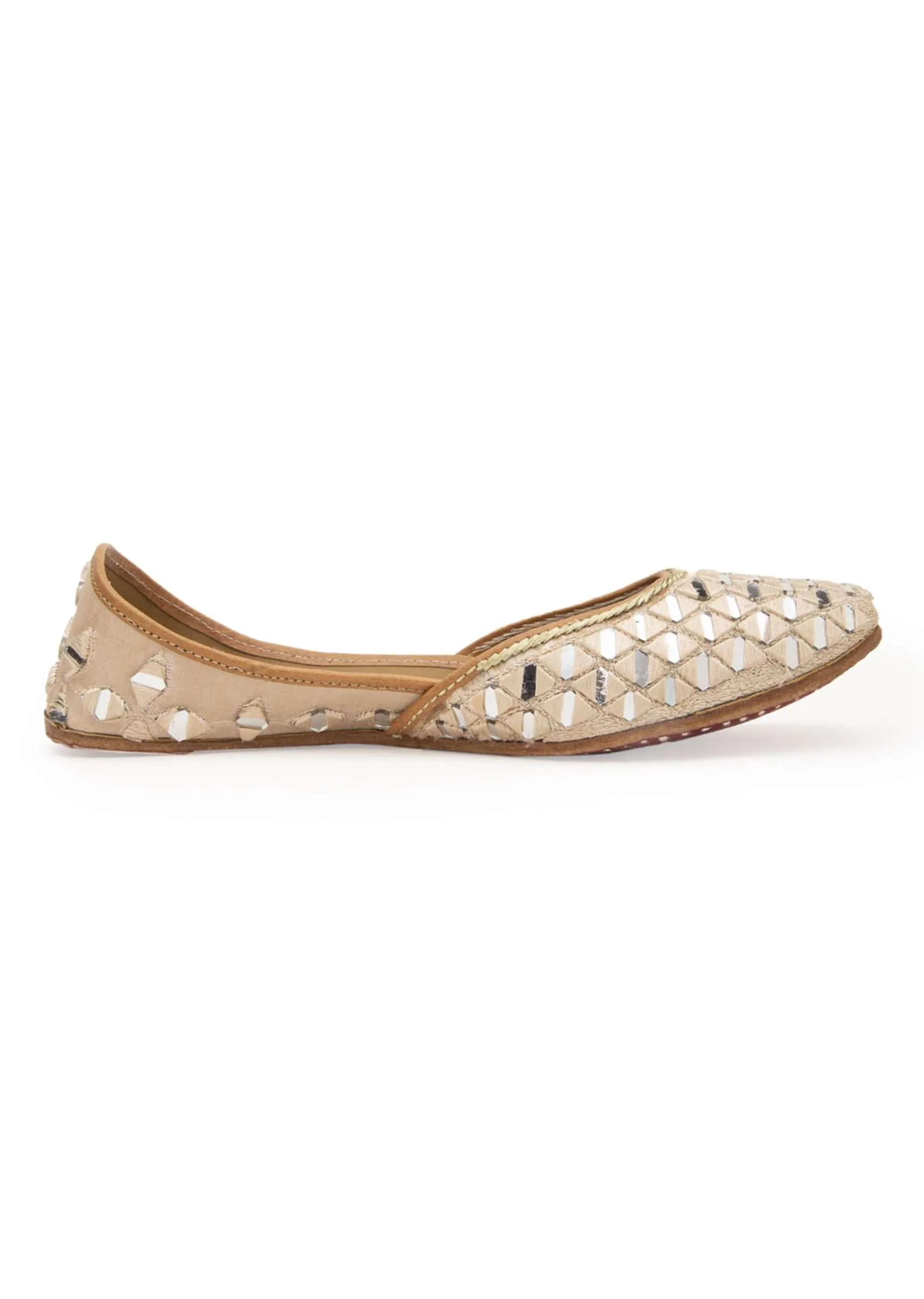 Peach Juttis In Silk & Leather With Mirror Embellishment