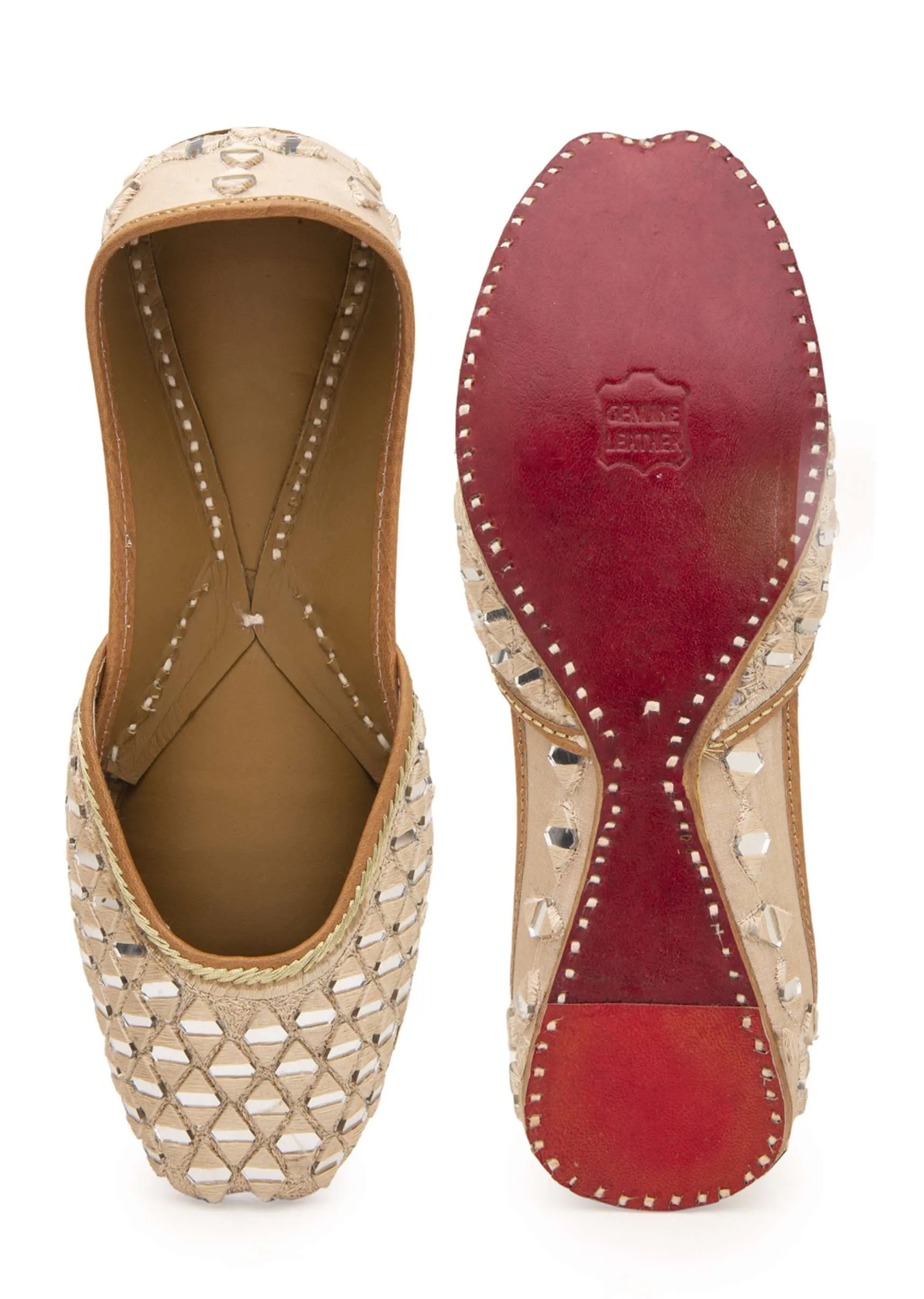 Peach Juttis In Silk & Leather With Mirror Embellishment