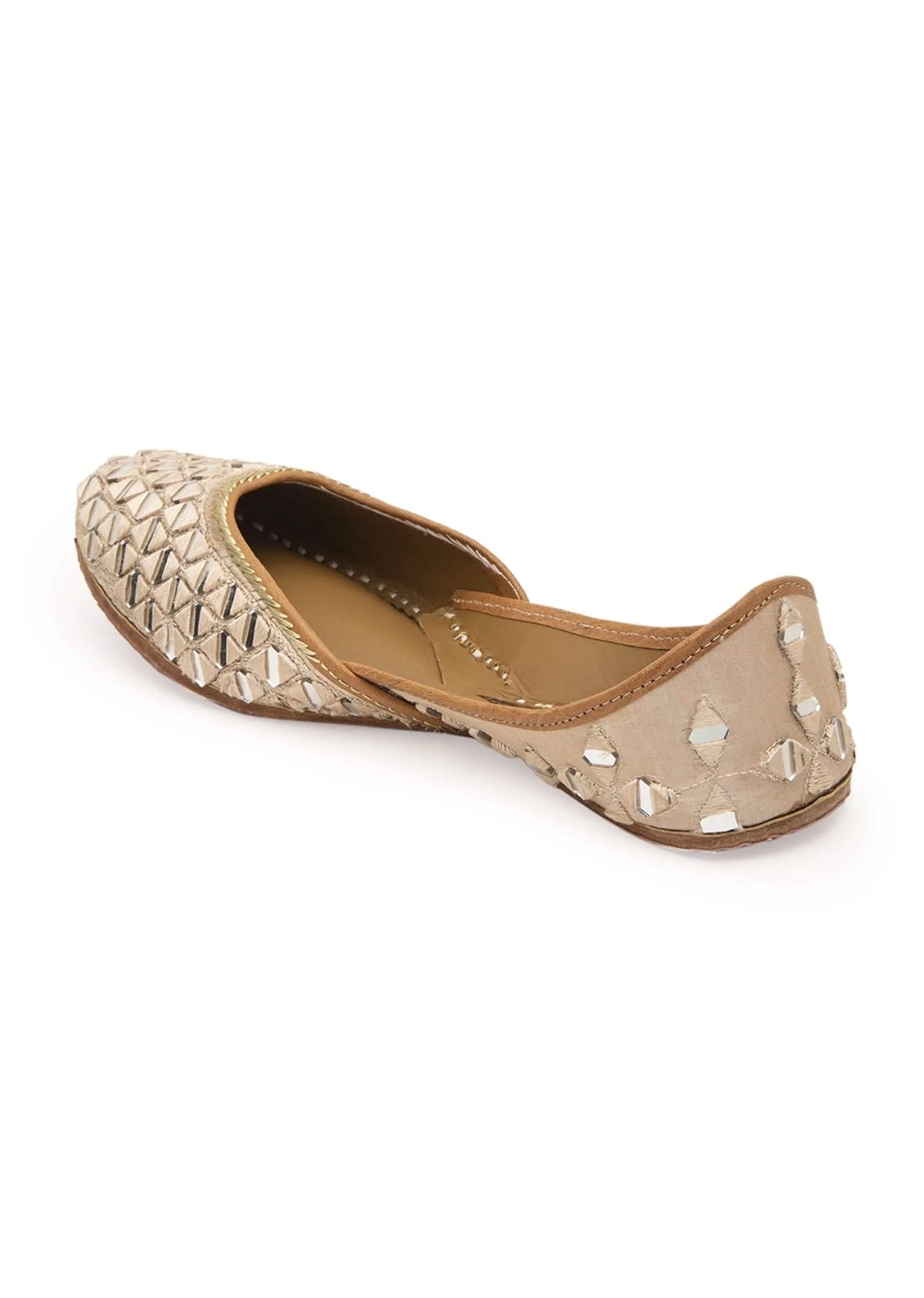 Peach Juttis In Silk & Leather With Mirror Embellishment