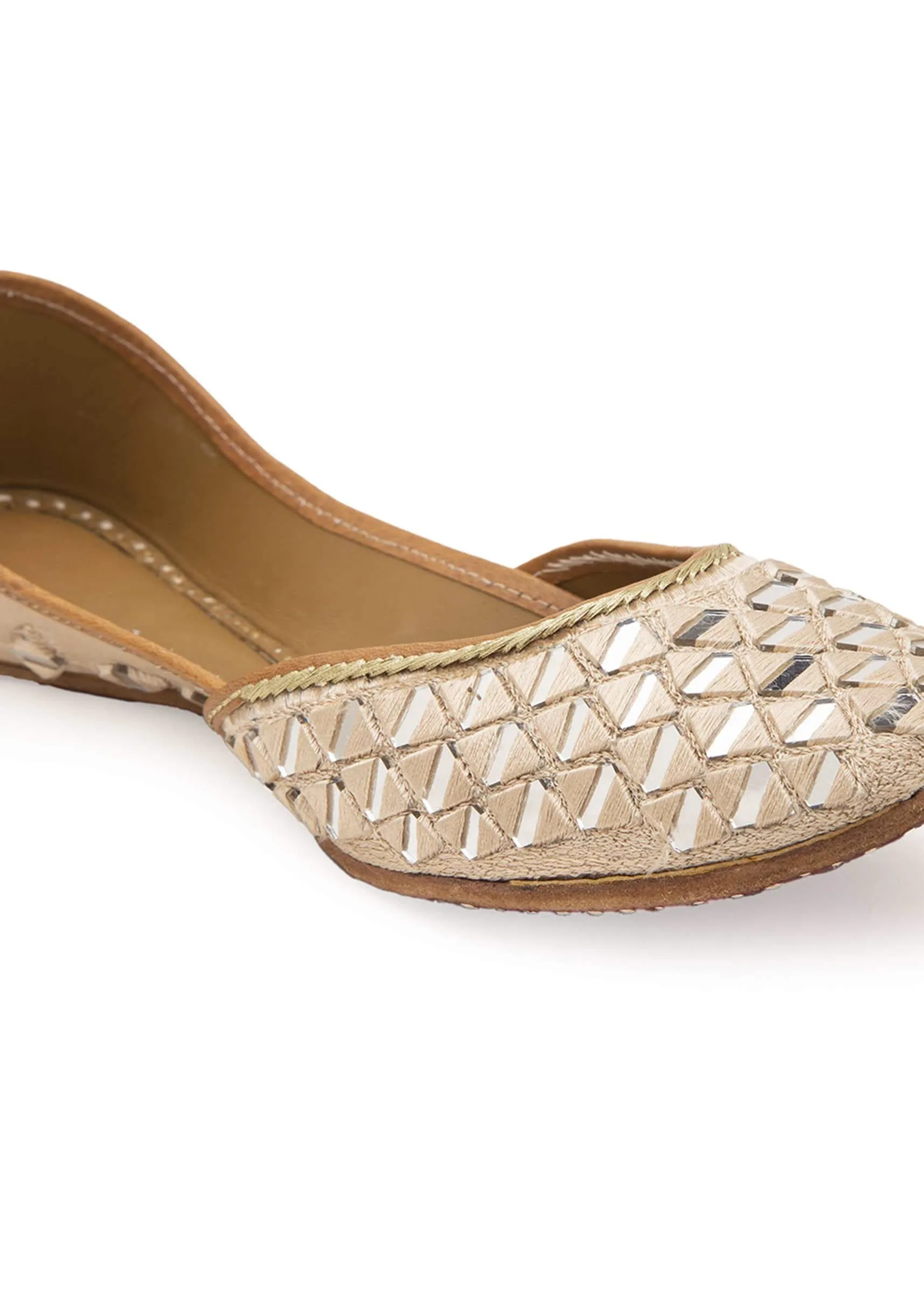 Peach Juttis In Silk & Leather With Mirror Embellishment