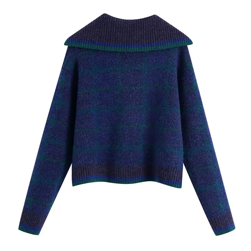 RIBBED TRIM CHECK CROPPED SWEATER