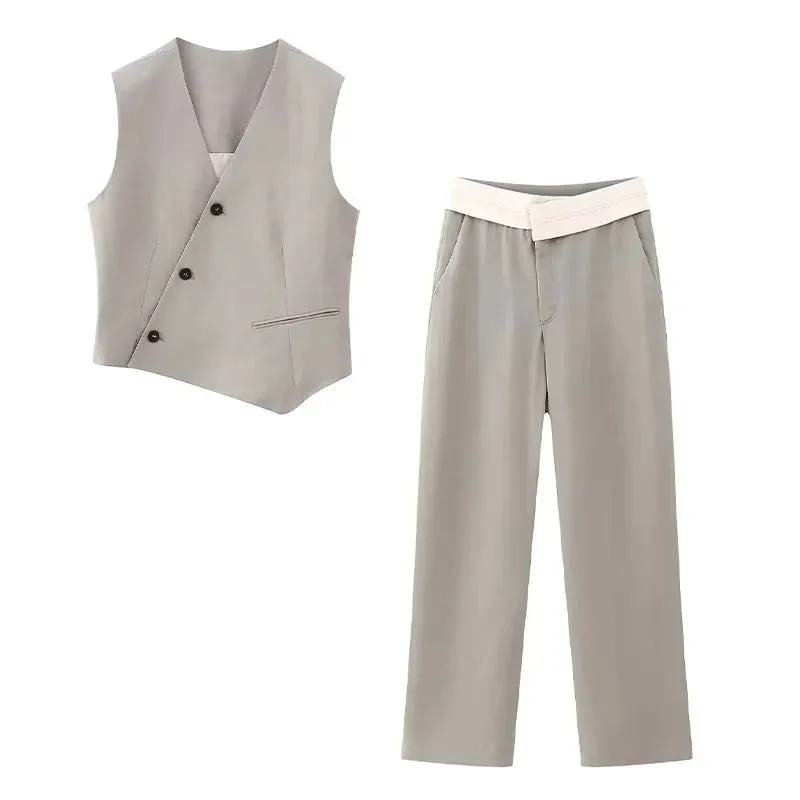 TELLHONEY Women Fashion V-Neck Single Breasted Vest Front Zipper Wide Leg Pants Casual Contrast Color Two Piece Set