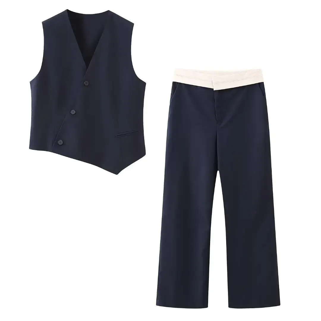 TELLHONEY Women Fashion V-Neck Single Breasted Vest Front Zipper Wide Leg Pants Casual Contrast Color Two Piece Set