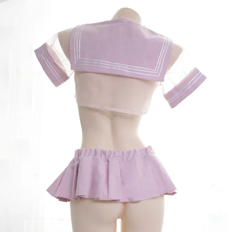 VenusFox Sexy Anime Girl Pink Student Uniform Japanese Women's Transparent Sailor Suit Cosplay Lingerie Nightdress School Girl Costume
