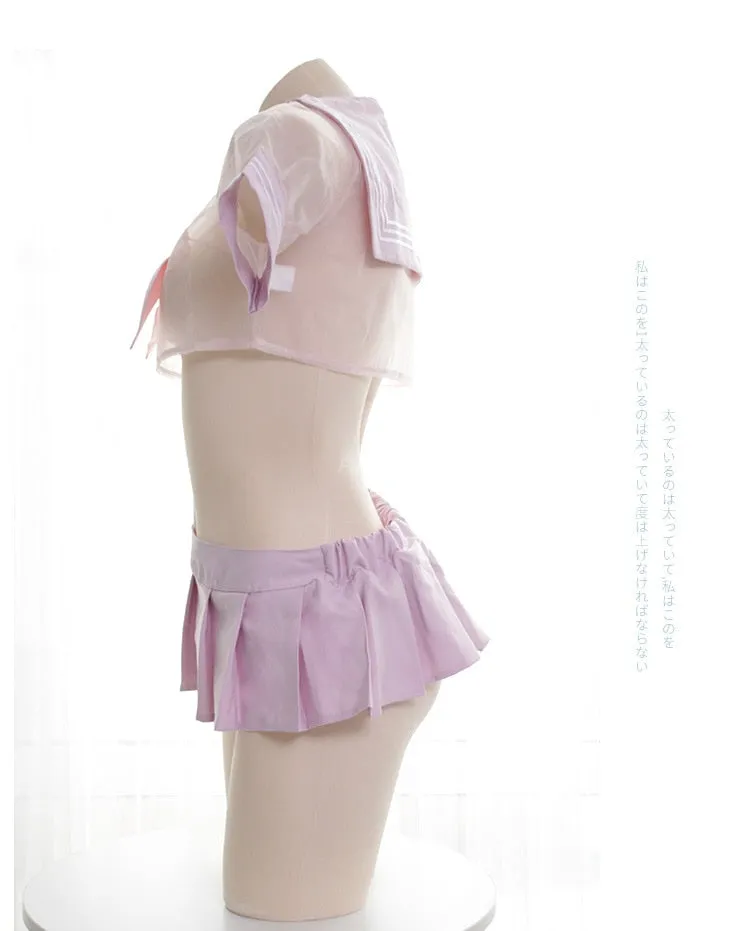 VenusFox Sexy Anime Girl Pink Student Uniform Japanese Women's Transparent Sailor Suit Cosplay Lingerie Nightdress School Girl Costume