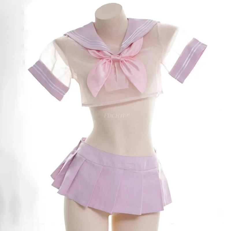 VenusFox Sexy Anime Girl Pink Student Uniform Japanese Women's Transparent Sailor Suit Cosplay Lingerie Nightdress School Girl Costume