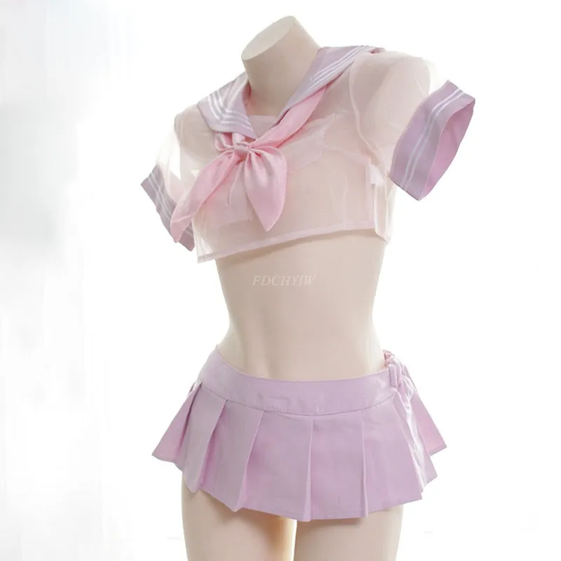 VenusFox Sexy Anime Girl Pink Student Uniform Japanese Women's Transparent Sailor Suit Cosplay Lingerie Nightdress School Girl Costume